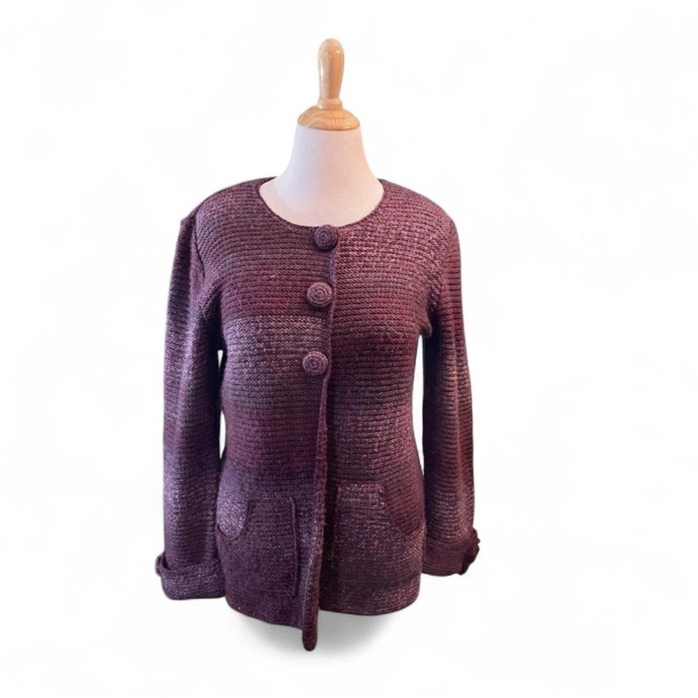 Laura Ashley Women's Large Wool Blend Chunky Knit Cardigan Sweater Purple - Picture 1 of 3